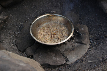 A place for a bonfire made of stones in nature, coals, a bowl with mushrooms.