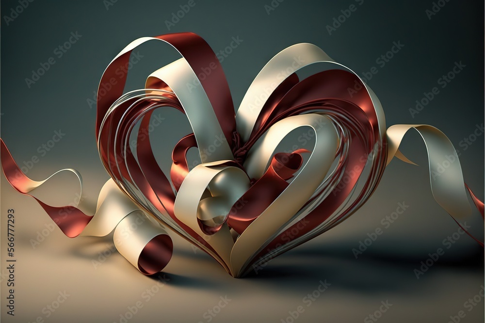 Poster a red and white heart shaped object on a gray background with a ribbon in the shape of a heart and a