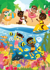 Tropical underwater world of corals and sea fishes and sea shore. Children play on the shore and swim underwater. Picture for children's puzzles.