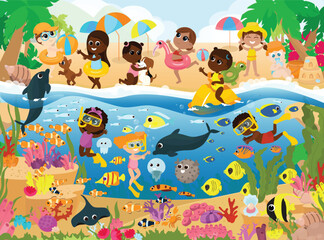 Fototapeta premium Tropical beach and the underwater world of the ocean. Children and fish swim near the water and have fun playing on the shore. Illustration for printable children's puzzles.