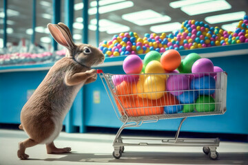 Easter bunny buys Easter eggs in the supermarket. Generative AI.