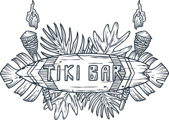 Surfing tiki mask hawaii surf for trendy bar. Traditional ethnic surfing of hawaiian, maori or polynesian. Design old tribal board