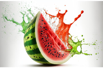Watermelon splashing juice on white background. Fresh juicy berries concept. Juice splash. Flying berry. Generative AI.
