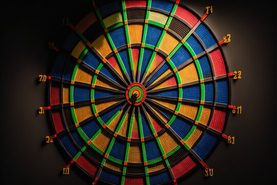  a close up of a colorful dart board with numbers on the side of the bulls eye and arrows on the side of the bulls eye.  generative ai