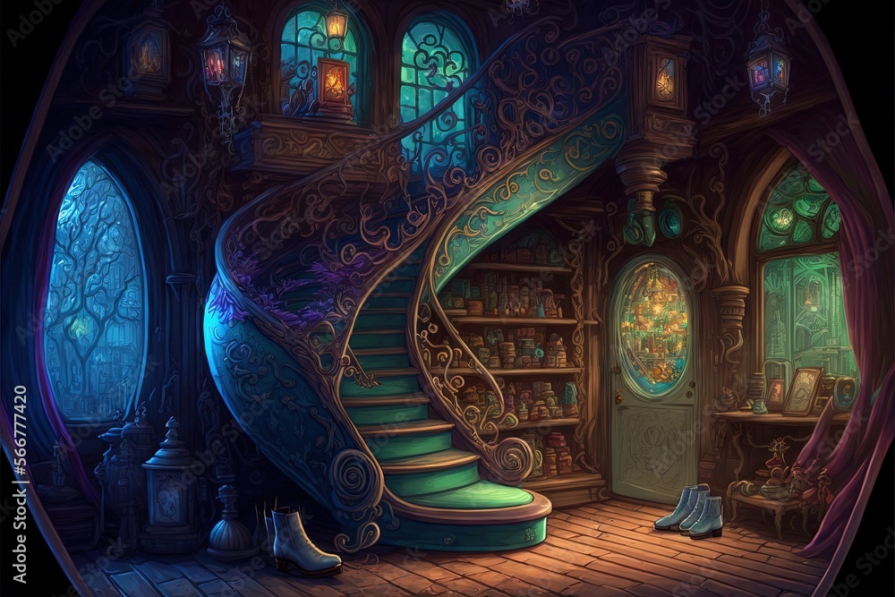Poster a room with a spiral staircase and a bookshelf in the corner of the room is lit by lanterns and lant