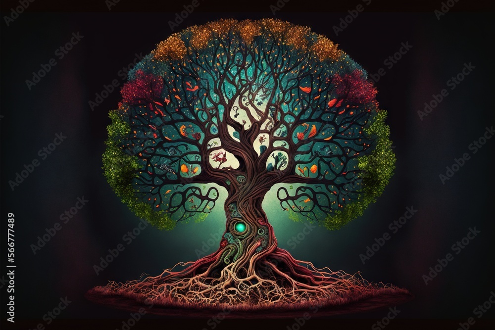Poster a tree with a lot of leaves and a green light in the middle of it's trunk, with a green light in the