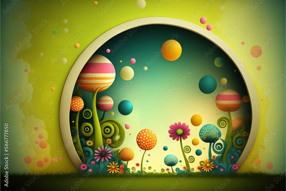Poster an abstract scene with flowers and plants in a round frame on a green background with bubbles and bu