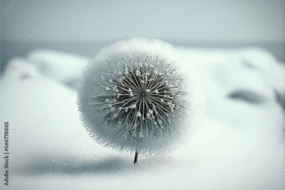 Aufkleber  a dandelion in the middle of a snow covered field with a blue sky in the background and a white snow - covered field in the foreground.  generative ai