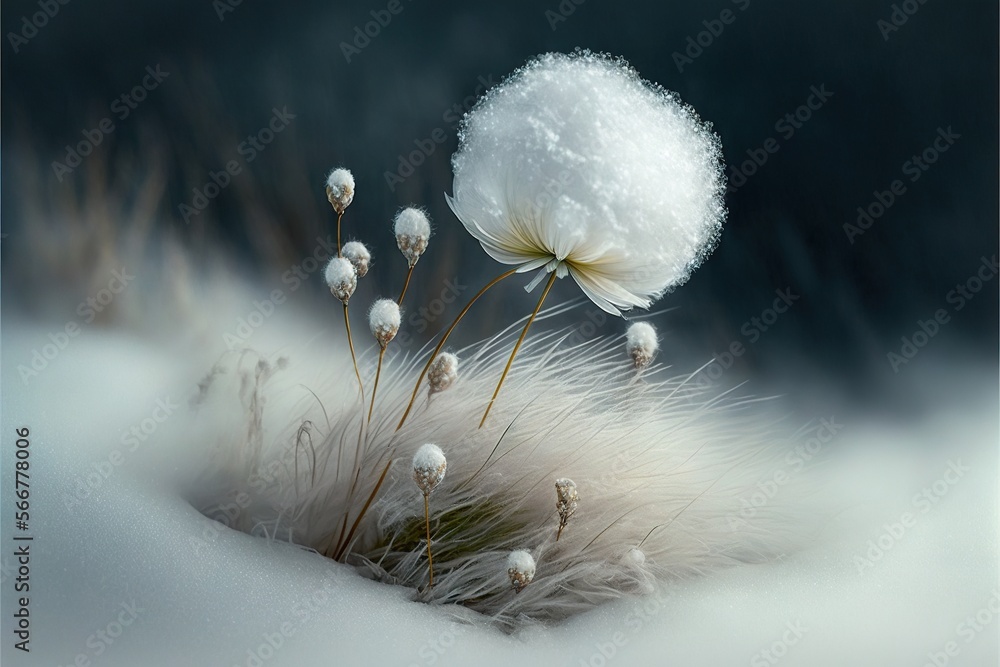 Poster a white flower is in the middle of a snowy field with grass and snow flakes on it's side and a dark 