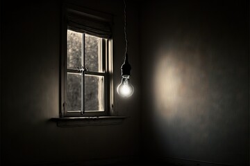  a light bulb hanging from a window in a dark room with a window sill and a window sill with a light bulb hanging from the window.  generative ai