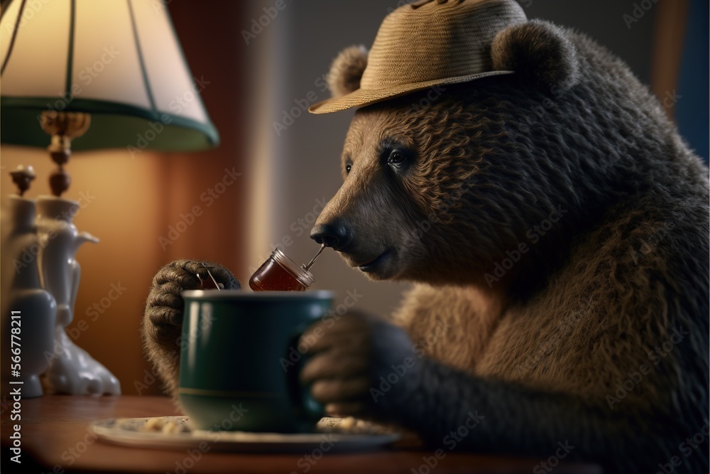 Aufkleber a brown bear wearing a hat, sitting at a table with a cup of tea in front of it on the table there i