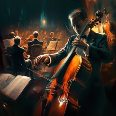 orchestra,classical,cello,trumpet,fflute,guitar,conductor,symphonic instruemntal baroque concert hall musicians music sound bass volume vocal technique Generative AI 