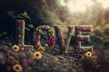 Love text letters design with flowers lay on in nature with blurred background, art illustration 