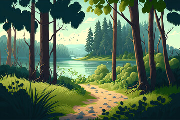 Summer forest landscape with lake on glade, trees and path. cartoon art illustration 