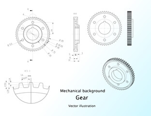 Gear. Engineering drawing. Modern mechanics blueprints. Vector technology background. White modern wallpapers