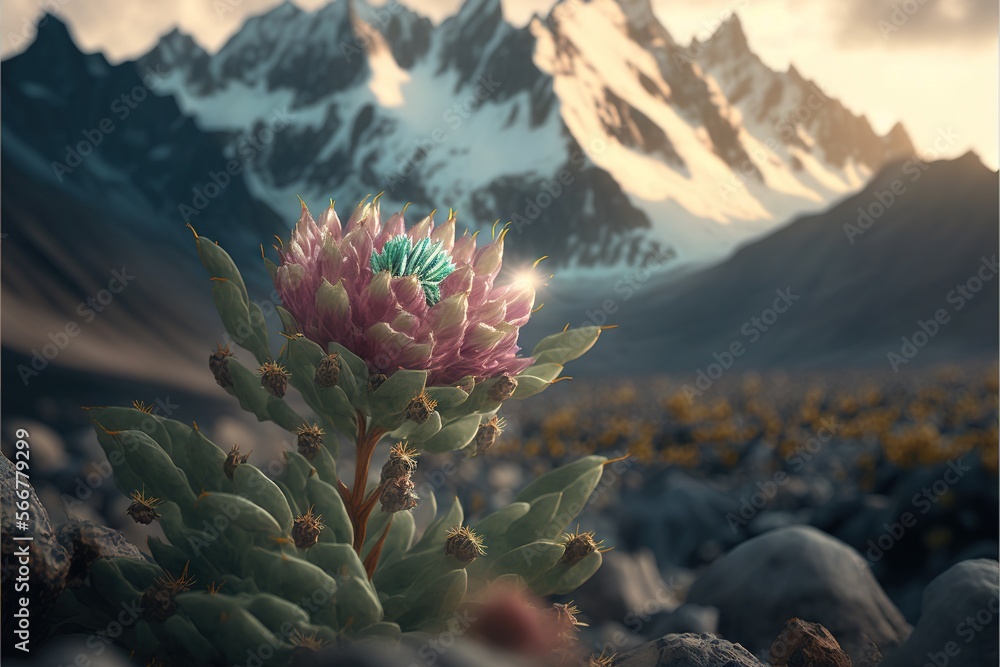 Poster a cactus in the foreground with a mountain in the background with snow on the top of the mountain in