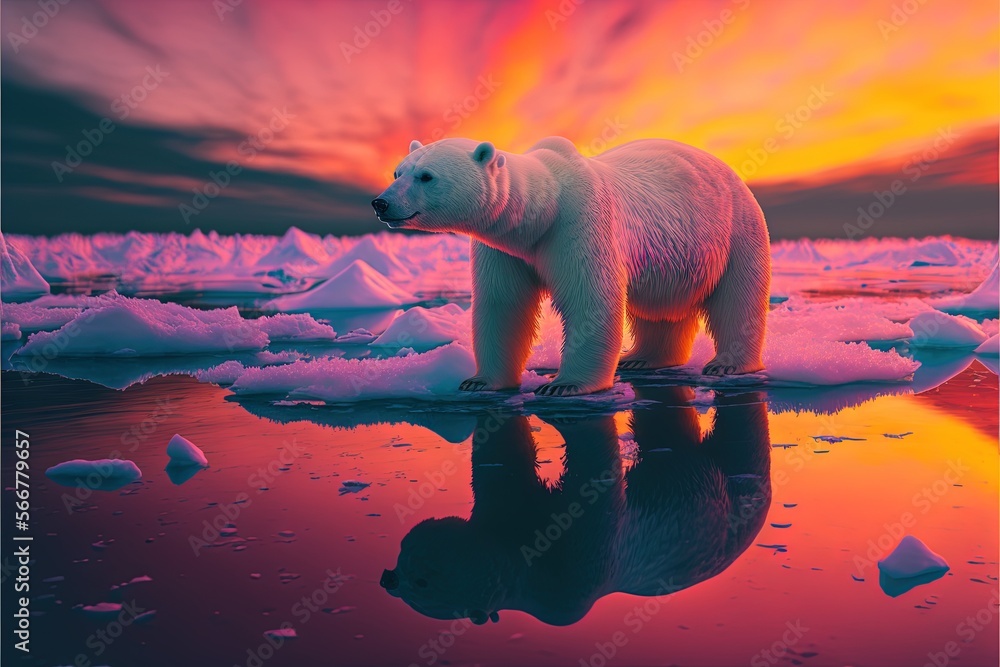 Poster a polar bear standing on ice in the ocean at sunset with a colorful sky in the background and iceber