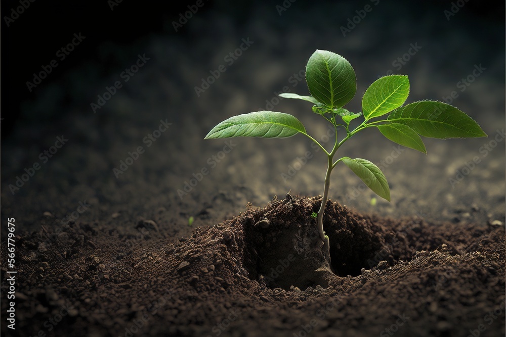 Poster a small green plant sprouting out of a hole in the ground with dirt on the ground and a dark back gr