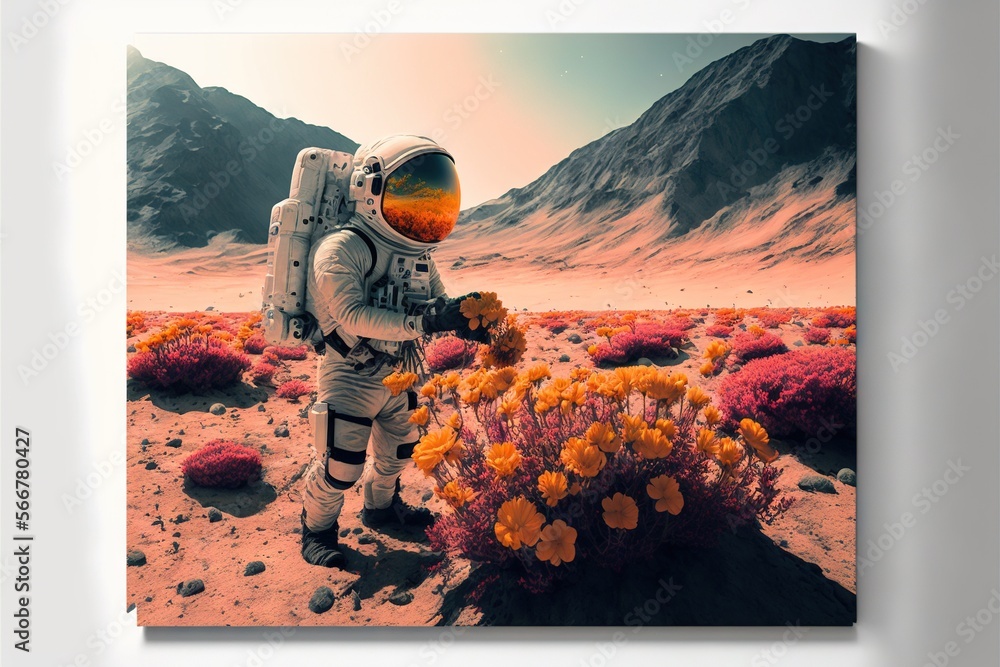 Poster a man in a space suit standing in a desert with flowers in front of him and a mountain range in the 