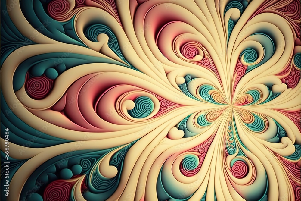 Poster a computer generated image of a flower with swirls and bubbles in red, blue, yellow and green colors