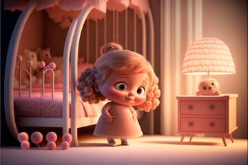 Cute cartoon female child getting ready to sleep on pink bedroom bed. AI generated. Selective Focus