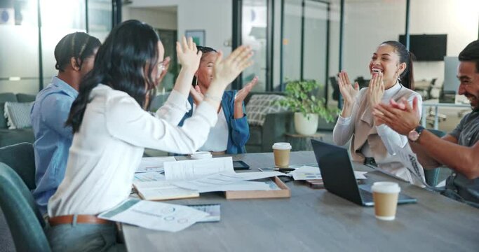 Office people throw paper in air for success, winning or celebration clapping hands, teamwork and finance. Financial documents, staff or worker in startup meeting of sales, profit or freedom applause