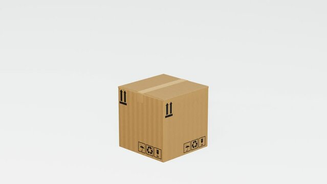 Animation of 3D cardboard box falling on white background. 3D parcel box fall on solid ground. Global shipping and online shopping concept. E- commerce concept. 3D animation
