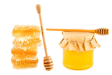 Sweet honeycomb, Honey pot and wooden dipper isolated on white . Collage.