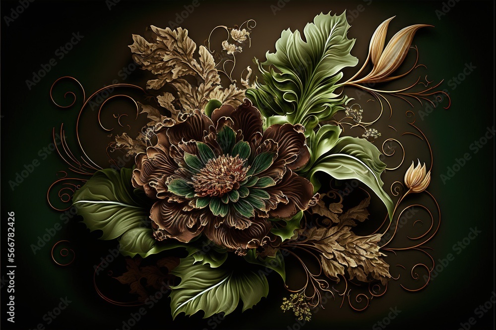 Poster a painting of a bouquet of flowers on a green background with swirls and leaves on the bottom of the