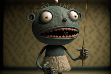 Funny scary and cute 3d puppet character marionette. Sinister and grin, creepy eyes quirky and unique. Ai generated
