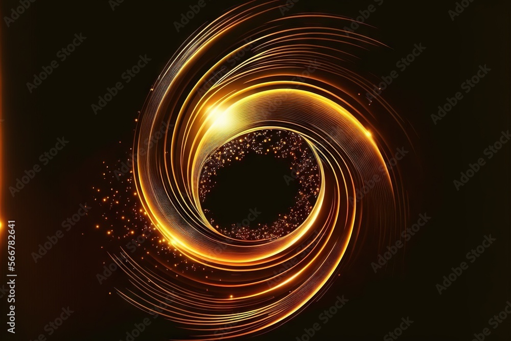 Poster an abstract golden spiral design on a black background with a lightening effect in the middle of the