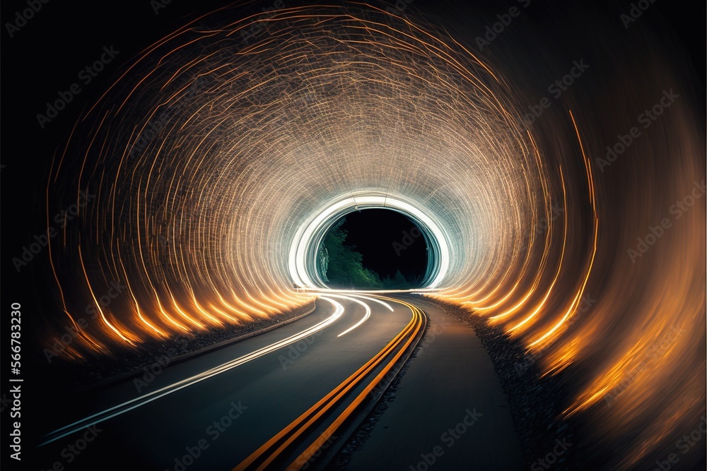 Poster a tunnel with a light at the end of it and a long line of lights at the end of the tunnel at the end
