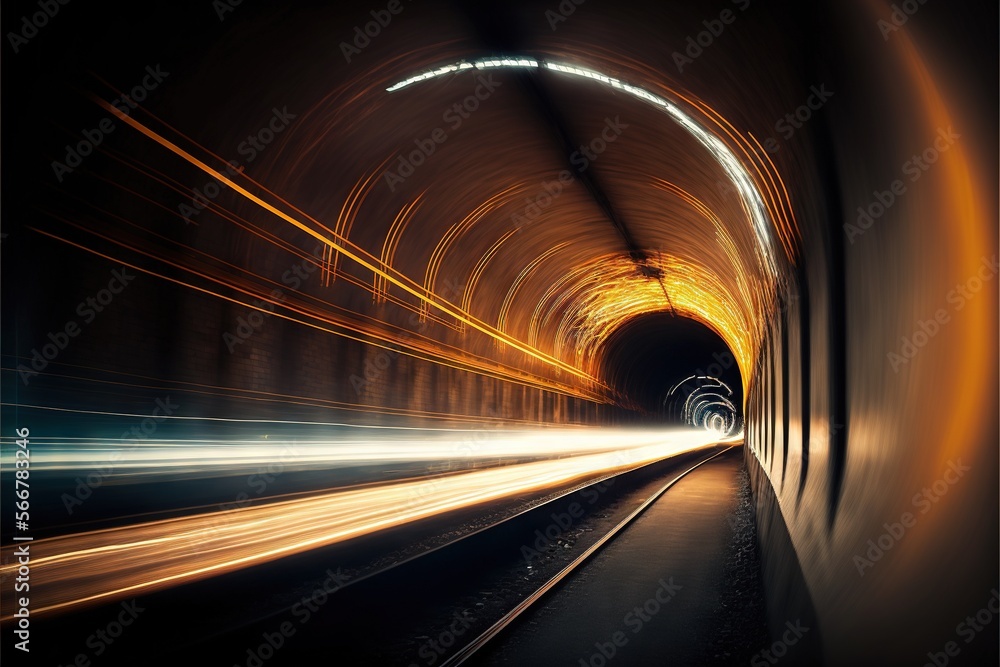 Poster a long exposure shot of a tunnel with a light at the end, illuminated by a few lights the background