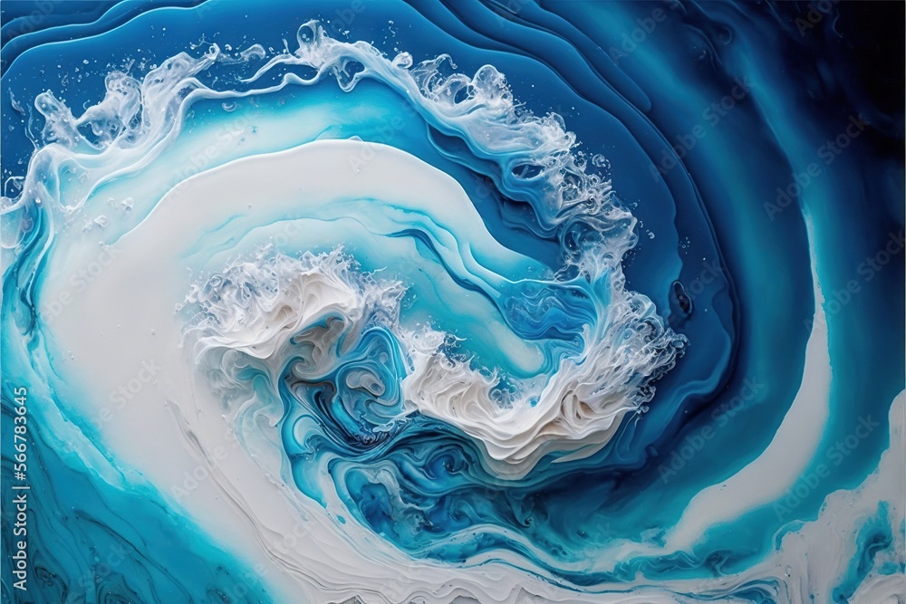 Poster a painting of a wave in blue and white with white swirls on the bottom of the image and the bottom o