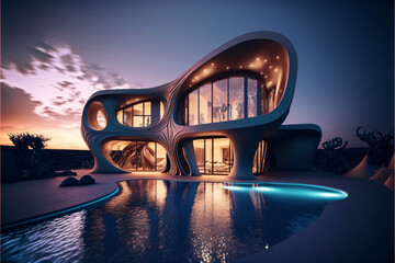 Modern design architectural villa exterior with infinity pool. Designed using generative ai. 