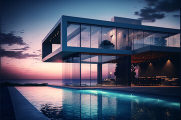 Modern design architectural villa exterior with infinity pool. Designed using generative ai.  - obrazy, fototapety, plakaty