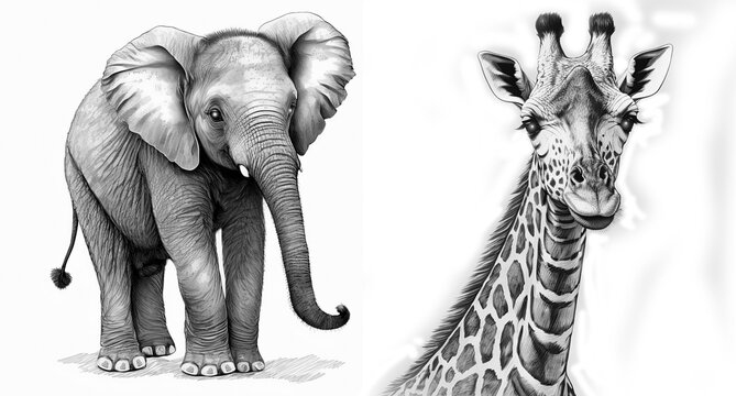 black and white sketch of an elephant and a zebra AI