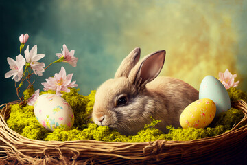 Easter's rabbit and eggs, created by generative AI technology