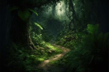  a painting of a path through a forest with lush green plants and trees on both sides of the path is a dirt path that leads to the center of the picture.  generative ai