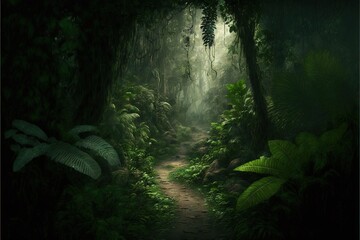 a lush green forest filled with lots of trees and plants next to a dirt path with a lush green forest on both sides of the path.  generative ai
