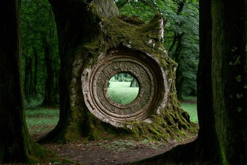 A huge circular portal to another dimension innate in an old oak tree in the midst of an old secret forest.  Digital painting concept art. Woods from a fairy tale world. - obrazy, fototapety, plakaty
