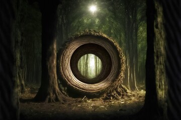 A huge circular portal to another dimension innate in an old oak tree in the midst of an old secret forest. Ai generative. Digital painting concept art. Woods from a fairy tale world. - obrazy, fototapety, plakaty
