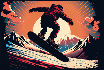 Snowboarder riding on slope mountains created with AI