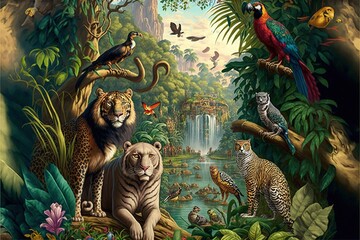  a painting of a jungle scene with tigers, tigers, and other animals in the foreground, and a waterfall in the background, with birds,.  generative ai