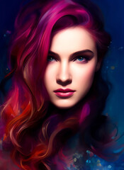 Colorful painting of a beautiful woman's face, Portrait of a beautiful woman with colorful hair