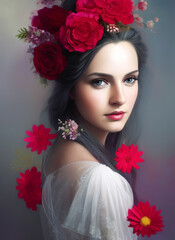 beautiful woman's face, Portrait of a beautiful woman with flowers.