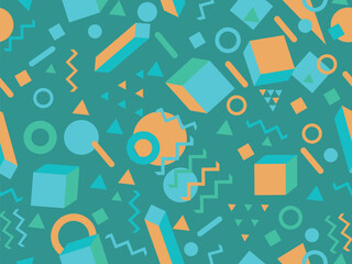 Memphis seamless pattern with 3d shapes in 80s style. Isometric geometric shapes. Colorful background design for promotional products, wrapping paper and printing. Vector illustration