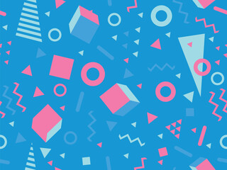 Memphis seamless pattern with 3d shapes in 80s style. Isometric geometric shapes. Colorful background design for promotional products, wrapping paper and printing. Vector illustration