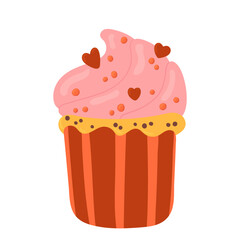 Cupcake with cream. Muffin with hearts. Sweet Valentine's day dessert. Vector cartoon illustration Isolated on a white
