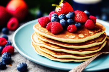 High-Resolution Image of a Tasty Pancake Stack Topped with Fruit, Honey, and Maple Syrup Showcasing the Sweetness of Pancakes. Perfect for Adding a Touch of Color and Goodness to any Design Project